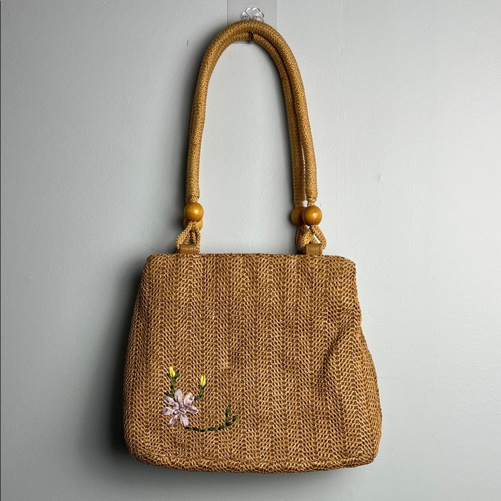 Vintage straw shoulder tote/ bag with floral embroidery and beads on handles